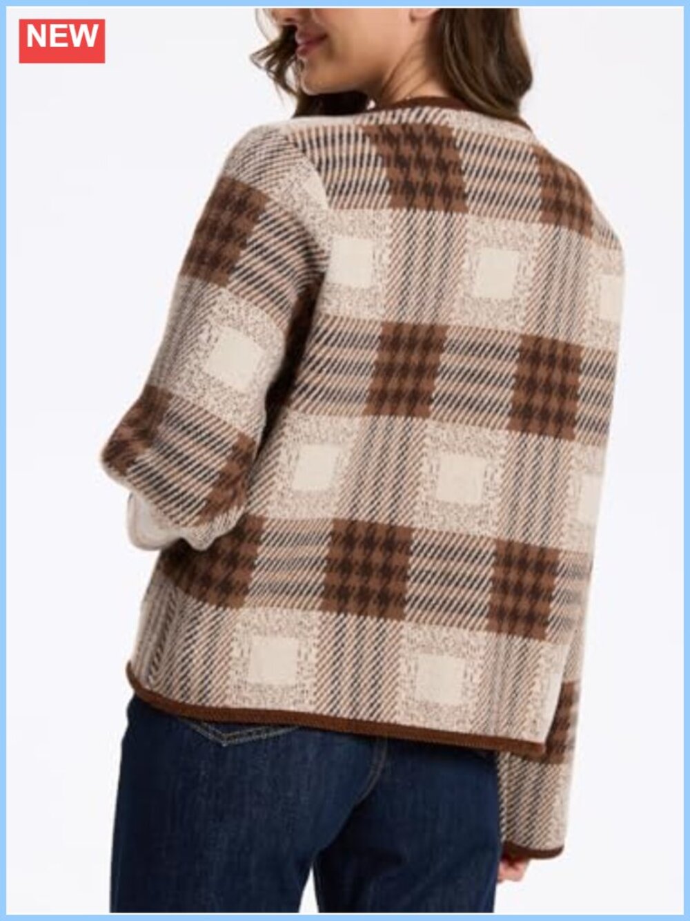 Vintage Plaid Cardigan Sweater Button Down Knit Jacket with Pockets - Picture 3 of 6